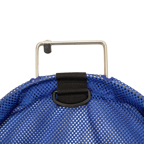 Blue Spearfishing Fish Bag Net With Heavy Duty 5mm Stainless Steel Handle, featuring secure clip closure and reinforced mesh.