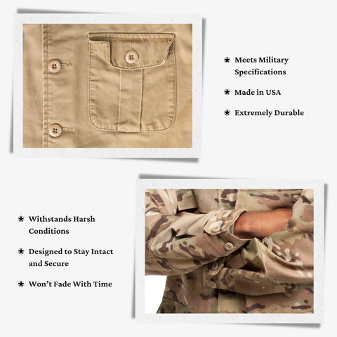 Rock Solid Military Spec Tactical Buttons For Army Fatigues And Law Enforcement Four Hole Melamine Fasteners Style 26 Black Twelve Pack on uniform.