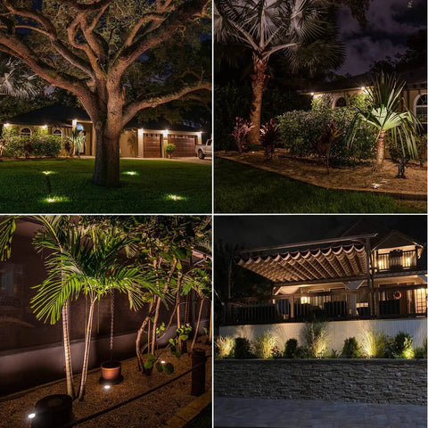 Lit Low Voltage Well Lights 4W LED Outdoor Landscape Lighting 12V In Ground 200 Lumen under trees and patio at night