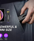 Hand placing Powerful Dual UV Flashlight 365nm 395nm Mini Wood Lamp USB C Rechargeable Ultraviolet Blacklight in pocket