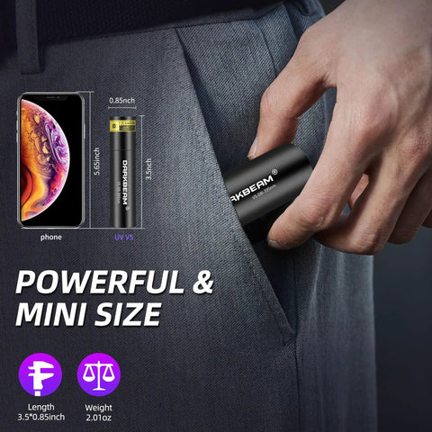 Hand placing Powerful Dual UV Flashlight 365nm 395nm Mini Wood Lamp USB C Rechargeable Ultraviolet Blacklight in pocket