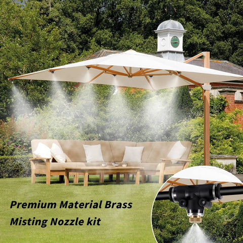Patio scene with brass misting nozzles providing cooling under an umbrella, focus on nozzle detail for outdoor comfort