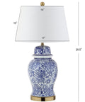 Blue White Ceramic Ginger Jar Table Lamp With White Linen Drum Shade 29.5 Inch Tall Showpiece Classic Chinoiserie Style