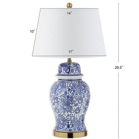 Blue White Ceramic Ginger Jar Table Lamp With White Linen Drum Shade 29.5 Inch Tall Showpiece Classic Chinoiserie Style