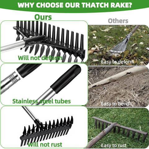 Comparison of Heavy Duty Dethatching Rake With Stainless Steel Adjustable Handle 36 To 63 Inches Dual Sided Tines and others