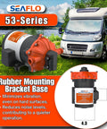 53 Series 12V DC Diaphragm Water Pump With 7.0 GPM At 60 PSI, showing rubber mounting bracket base beside RV.