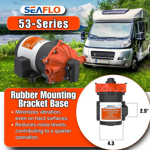 53 Series 12V DC Diaphragm Water Pump With 7.0 GPM At 60 PSI, showing rubber mounting bracket base beside RV.