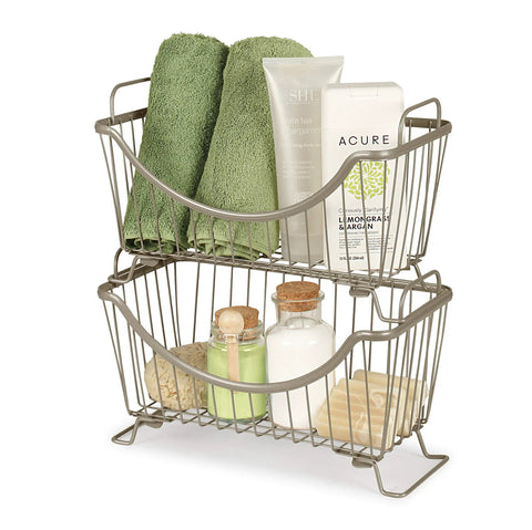 Large Stackable Wire Baskets For Pantry And Kitchen Counter Organizer, Space Saving Stacking Fruit Basket With Raised Feet And Handles