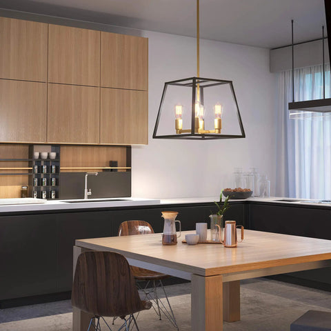 Carter Square 4 Light Pendant Light Fixture In Steel With Black And Gold Finish Fully Dimmable With Adjustable Rods in a modern kitchen.