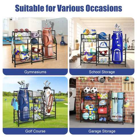 Garage Golf Bag Organizer Stand With Basket And Hooks Dual Mode Storage Rack shown in different settings: gym, school, golf course, garage.