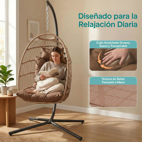Egg Chair With Stand For Indoor Outdoor Chill Vibe, Hanging Rattan Wicker Swing, 350 Lb Capacity, Breathable Cushion With Headrest