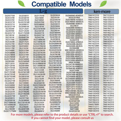 Model compatibility list for Dryer Drum Roller Kit Replacement For LG Front Load And Electric Dryers Fits DLE DLEX DLG Series Models