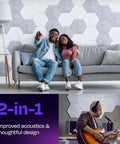 Couple relaxing on a sofa with White Hexagon Acoustic Panels in background. Make Your Space Pop With These High Density White Hexagon Acoustic Panels to Dampen Noise and Kill Echoes Quick for Studios Podcast Rooms and Home Offices Sound Absorbing Wall Tiles Pack of 12 Insane Value.