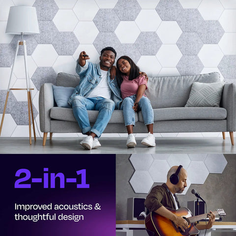 Couple relaxing on a sofa with White Hexagon Acoustic Panels in background. Make Your Space Pop With These High Density White Hexagon Acoustic Panels to Dampen Noise and Kill Echoes Quick for Studios Podcast Rooms and Home Offices Sound Absorbing Wall Tiles Pack of 12 Insane Value.