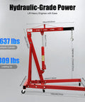 Heavy Duty Hydraulic Engine Hoist, 2 Ton Folding Shop Crane Built Tough for Daily Wrench Turning with hydraulic specs.