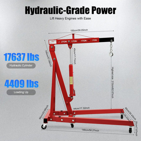 Heavy Duty Hydraulic Engine Hoist, 2 Ton Folding Shop Crane Built Tough for Daily Wrench Turning with hydraulic specs.
