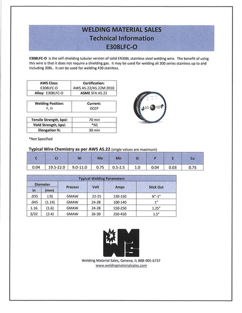 Premium.035 Inch 308L Stainless Steel Flux Cored Gasless Welding Wire technical info sheet with specifications and parameters.