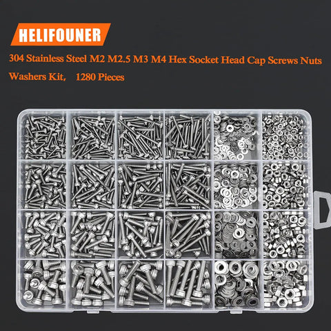 All In One 1280 Piece Stainless Steel Hex Socket Cap Screw Kit M2 M2.5 M3 M4 With Nuts Washers And Hex Wrenches 304 Grade Hardware