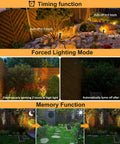 Six In One Solar Outdoor Spotlights With 6W 6V Panel showcasing timing, forced lighting, and memory functions in garden settings.