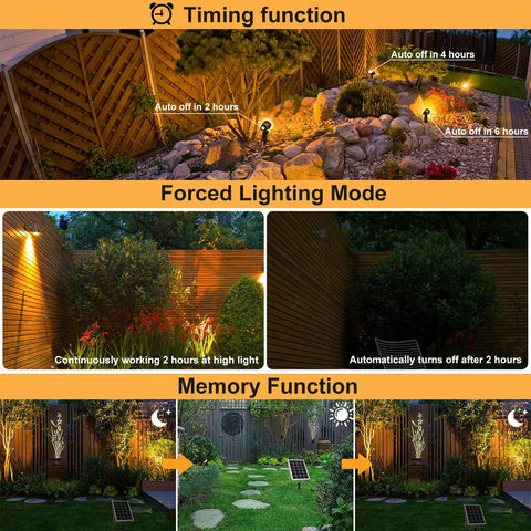 Six In One Solar Outdoor Spotlights With 6W 6V Panel showcasing timing, forced lighting, and memory functions in garden settings.