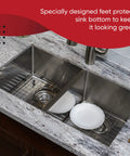 Stainless Steel Sink Grid Protector for Kitchen Sink 13x16 Inches installed in a double basin sink with dishes, anti scratch shield visible
