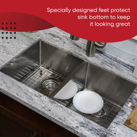 Two Pack Stainless Steel Sink Grates 12 x 14 Inches For The Bottom Of Your Kitchen Sink Tough As Nails Sink Protector Grids visible in double sink