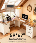 67 Inch Farmhouse L Shaped Standing Desk With Drawers And Fast Charging Station, spacious white desk in home office.