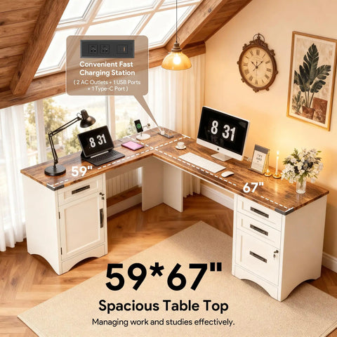 67 Inch Farmhouse L Shaped Standing Desk With Drawers And Fast Charging Station, spacious white desk in home office.