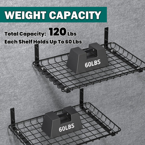 Heavy Duty Wall Mounted Garage Shelves 12x18 Inches Two Pack, Metal Shelf Rack, Black Rust Resistant Steel, 60 Lb Per Shelf
