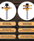 No Nonsense Tongue And Groove Router Bit Set With T Shape And 1/4 Inch Shank featuring YG8 material and sealed bearings for smooth rotation.