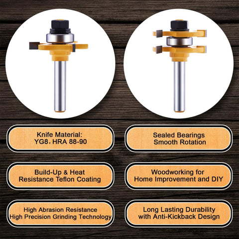 No Nonsense Tongue And Groove Router Bit Set With T Shape And 1/4 Inch Shank featuring YG8 material and sealed bearings for smooth rotation.