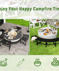 Curved Fire Pit Bench Set Of 4 Outdoor Metal Benches Waterproof Backless Steel Seats For Garden Patio Porch Yard All Weather Heavy Duty Plant Holder Black arranged around a fire pit on a patio with green grass background