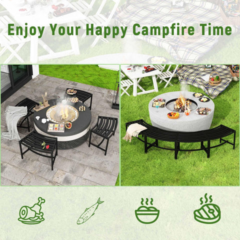 Curved Fire Pit Bench Set Of 4 Outdoor Metal Benches Waterproof Backless Steel Seats For Garden Patio Porch Yard All Weather Heavy Duty Plant Holder Black arranged around a fire pit on a patio with green grass background