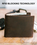 RFID Blocking Leather Wallet for Men with Extra Capacity Bifold Design Eight Card Slots displayed on a table.