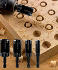 Eight Piece Wood Plug Cutter Set Hex Shank Straight Tapered Drill Bits showing precision cuts in wood surface with black drill bits.