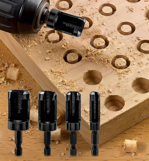 Eight Piece Wood Plug Cutter Set Hex Shank Straight Tapered Drill Bits showing precision cuts in wood surface with black drill bits.