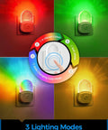 2 Pack Plug In Night Lights For Kids With Dusk To Dawn Sensor Warm White And RGB Color Modes LED Wall Nightlight For Baby Room Safe Night Light For Children Great Christmas Gift showcasing three lighting modes.