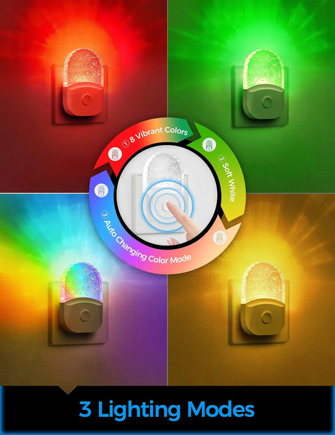 2 Pack Plug In Night Lights For Kids With Dusk To Dawn Sensor Warm White And RGB Color Modes LED Wall Nightlight For Baby Room Safe Night Light For Children Great Christmas Gift showcasing three lighting modes.