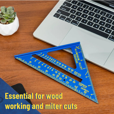 Compact Seven Inch Rafter Square Carpenter Tool For Woodworking And DIY Jobs Featuring Slick Blue Anodized Aluminum Construction.