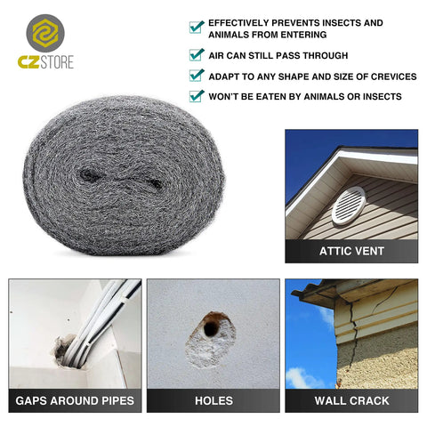 Stainless Steel Wool 13 Ft Grade 0000 Metal Wire Mesh for cleaning and sealing located near attic vent and wall crack.