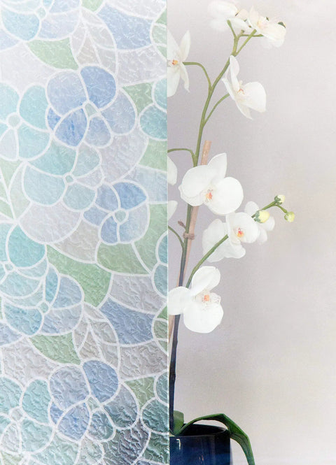 Self Adhesive Privacy Glass Window Film 17 Inch By 78 Inch Roll Stained Glass Blue Green with floral pattern and orchid view