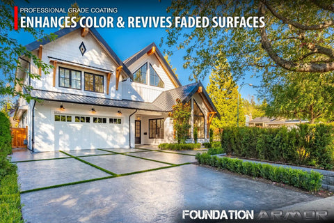 Premium Solvent Based Acrylic High Gloss Color Enhancing Concrete Sealer For Raw Slabs And Outdoor Pavers used on a polished concrete driveway and landscape.