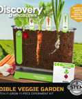 Edible Veggie Garden Watch It Grow Kit For Kids showing clear container with soil and growing carrot, radish, and onion.