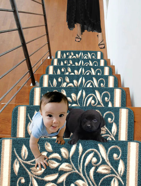 Anti Slip Stair Treads For Pets And Kids, Non Slip Stair Mats With Rubber Backing, Floral Turquoise Design, Durable Safe Grip, Easy Install, Pet Friendly Stair Grippers Set Of 15