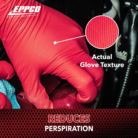 Close up of Top Shelf Red Nitrile Work Gloves 7 Mil Thick Box Of 100 Powder Free Latex Free textured palm gripping a car part.