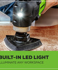 24V Cordless Oscillating Multi Tool With 6 Speed Settings 18,000 OPM sanding a wooden surface, built-in LED light active.