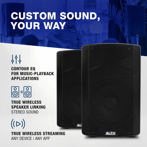 TX412 700W 12 Inch Powered PA Speaker With TWS Bluetooth shown with True Wireless Streaming features for outdoor DJ performances.