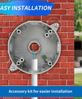 Front view of Heavy Duty Round Weatherproof Electrical Box For Outdoor Use, 5 Hole Half Inch Surface Mount Outlet Box, installed on brick