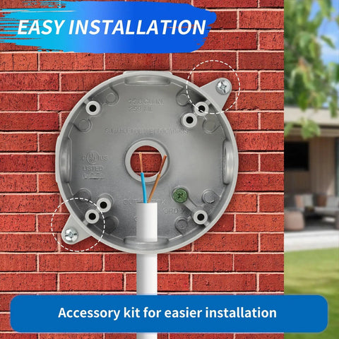 Front view of Heavy Duty Round Weatherproof Electrical Box For Outdoor Use, 5 Hole Half Inch Surface Mount Outlet Box, installed on brick