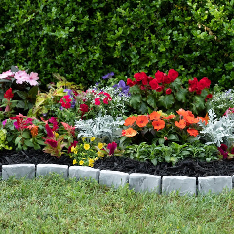No-Dig Landscape Edging Kit With Anchoring Spikes Stone-Look Garden Border 15 Foot Set 2.7 Inch Tall Slate Gray Easy DIY Install